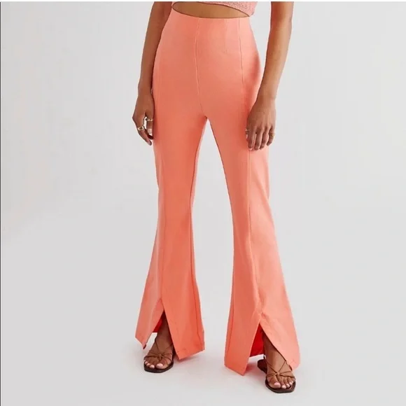Free People Real Deal High Waist front slit flare pants in coral size XL - Picture 1 of 11